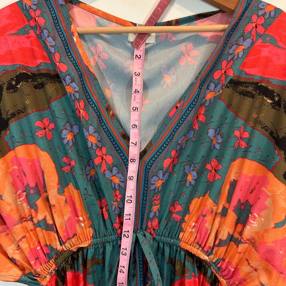WORLD MARKET Boho Floral Tie Empire Maxi Dress L/XL Satin Tropical Kaftan - Picture 8 of 12